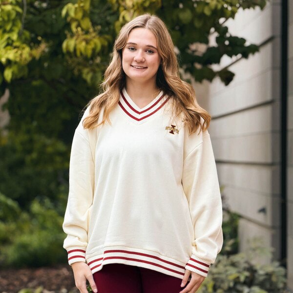 Chicka-D Women's I-State Cream and Cardinal V-Neck Long Sleeve T-Shirt